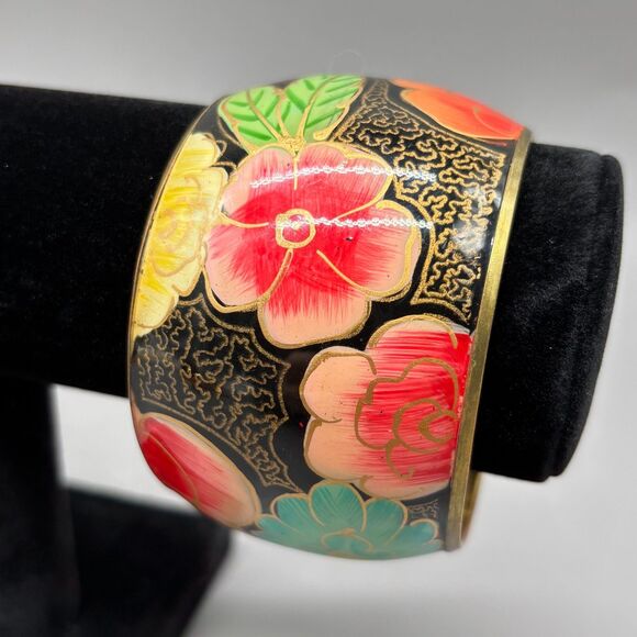Brass Bangle Bracelet Hand Painted Floral Enamel Wide Boho Retro Vintage Style - Picture 1 of 9